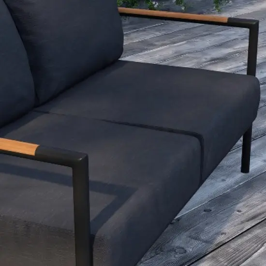 Merrick Lane Outdoor Loveseat with Removable Plush Fabric Cushions and Teak Accented Aluminum Frame image {6}