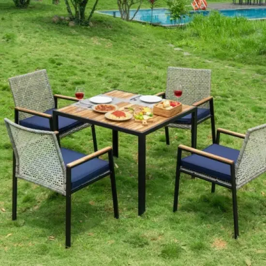 FIONECA All-Weather 5-Piece Patio Dining Set with Acacia Wood Table Top & Umbrella Hole, Light Gray Rattan Outdoor Conversation Set image {2}