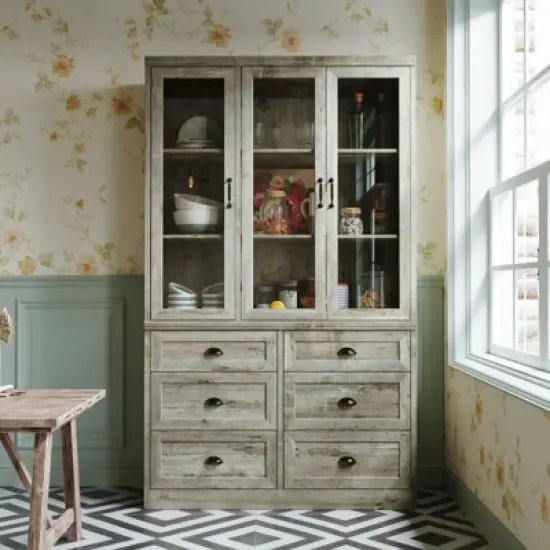 Famapy Vintage Kitchen Cabinet,Adjustable Shelves & Glass Doors,Multi-Drawer Large-Capacity Kitchen Storage Solution,Antique-Style Kitchen Pantry image {14}