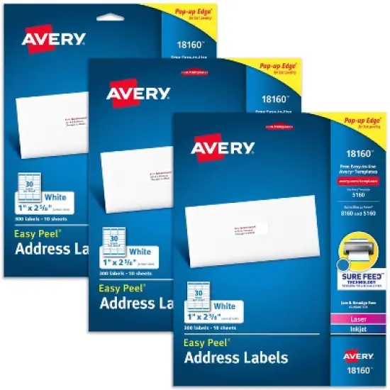 Avery Address Labels for Laser & Inkjet Printers, 300 Labels Per Pack, 3 Packs, 900 Total (18160) image {8}