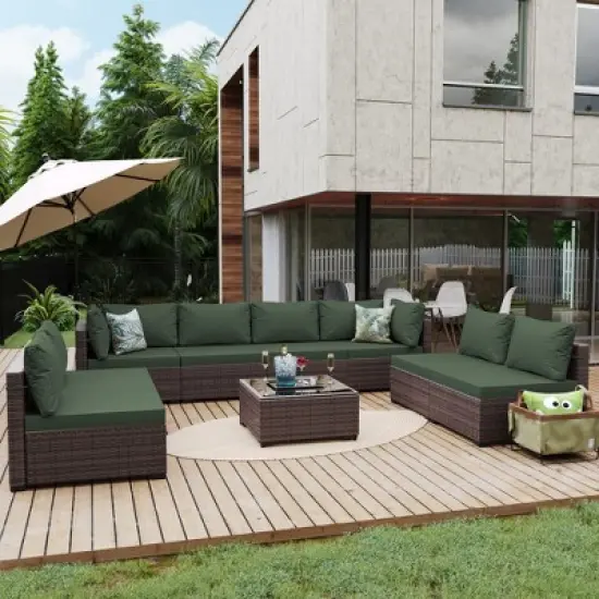 UPHA 9-Piece Rattan Patio Sofa Conversation Set with Cushions image {12}