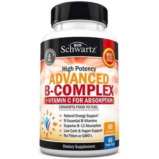 Advanced B-Complex Capsules, Vitamin B Supplement Capsules, Low Carb & Vegan Diet Support, Bioschwartz, 60 or 120ct image {5}