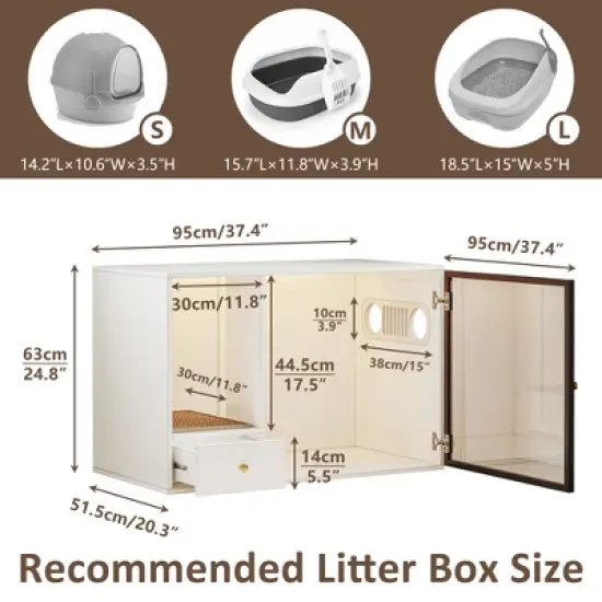 ATJafurn 37.4 " Hidden Cat Litter Box Cabinet with Magnetic Light Strip and Drawer, Modern Furniture Style Kitty Cat Cabinet for Apartment image {6}