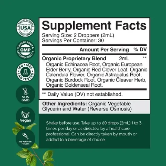 Organic Lymphatic Drainage Drops, Lymphatic Cleanse & Immune Support Supplement with Echinacea Goldenseal & Red Clover Extract, Nature's Craft, 60mL image {3}