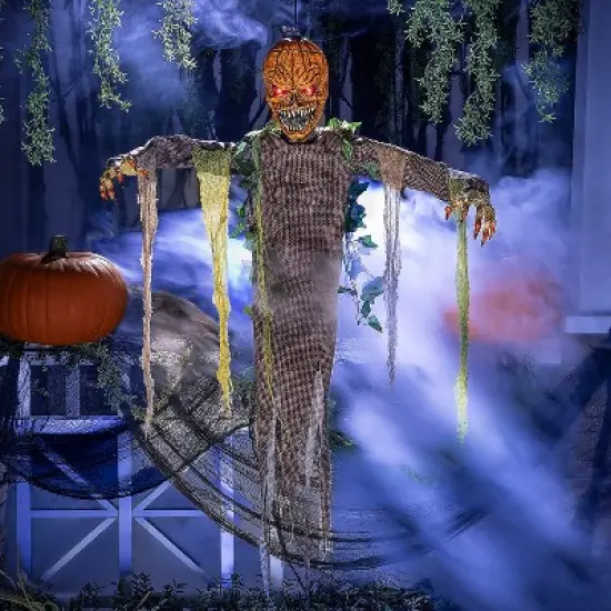 5 Ft. Light-Up Posable Hanging Pumpkin Patch Ghoul with Sound Halloween Decoration image {1}