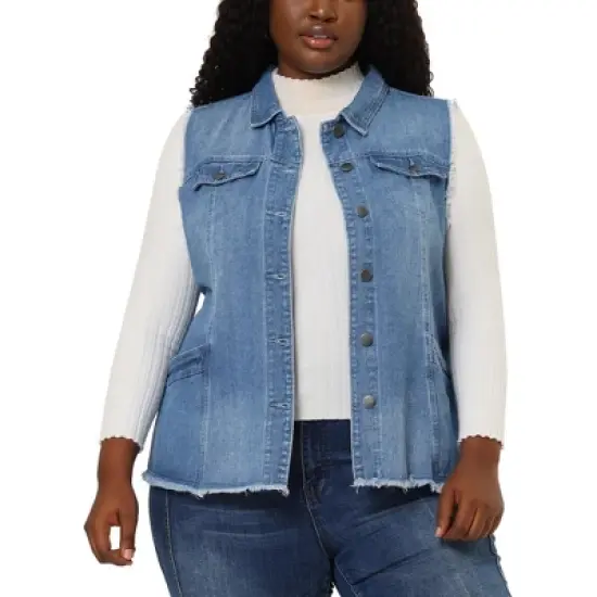 Agnes Orinda Women's Plus Size Denim Button Down Raw Hem Denim Vests image {7}