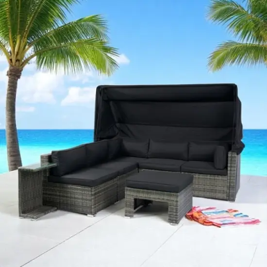 7-Piece Outdoor Patio Furniture Set with Retractable Canopy,Wicker Rattan Sectional Sofa with Washable Cushions for Lawn,Garden, Backyard, or Poolside image {4}