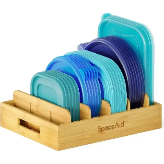 Container Lid Organizer with 5 Adjustable Dividers for Cabinets, Includes Blank  Labels (Natural) image {6}