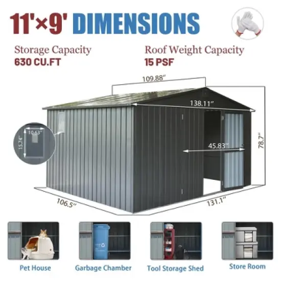 CLIHOME 11x9Ft Patio Galvanized Steel Frame Storage Shed,Garden Shed Metal Utility Tool Storage Room with Double Lockable Doors image {6}