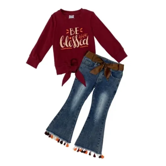 Girls Be Blessed Tassel Bell Bottom Jeans Set - Mia Belle Girls image {2}