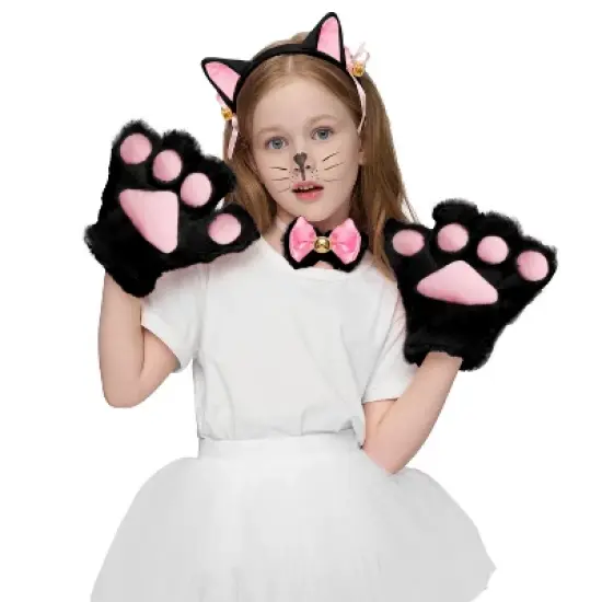 Joyfy 5 Pcs Kitty Cat Halloween Costume Accessory Set for Adult, Kids, Cat Ears Headband, Paws Gloves, Bow Tie, Tail, Cosplay Dress Up Party image {4}