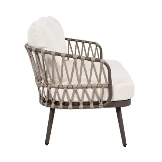 4-Piece Outdoor Patio Conversation Set Metal Frame Chairs with Woven Rope Backrest, Thick Cushions & Acacia Wood Coffee Table - ModernLuxe image {8}