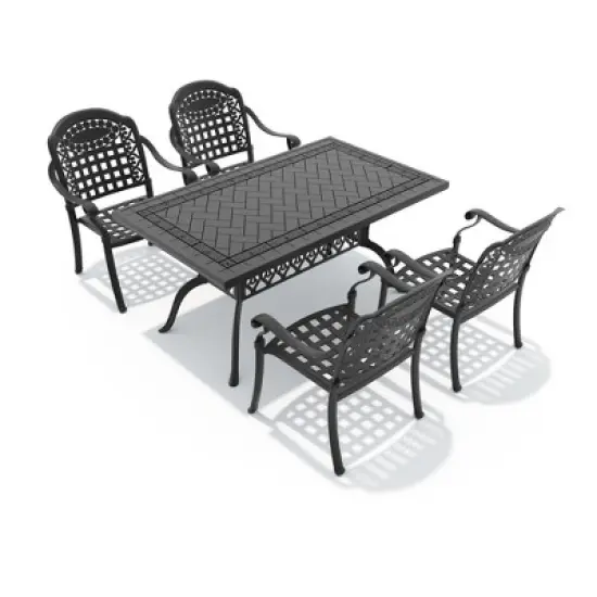 5-Piece Durable Cast Aluminum Outdoor Dining Set - Rectangle Table & Stackable Chairs Comfortable Blue Cushions - Perfect Patio & Backyard Furniture image {2}