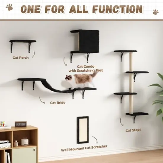 Sandinrayli Cat Wall Shelves - Wall-Mounted Set of 5, Floating Perches & Hanging Beds, Modern Furniture for Large Cats/Kitties (Black) image {2}